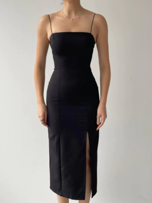 Black slit bodycon party wear midi dress for women with thin straps and elegant fit.